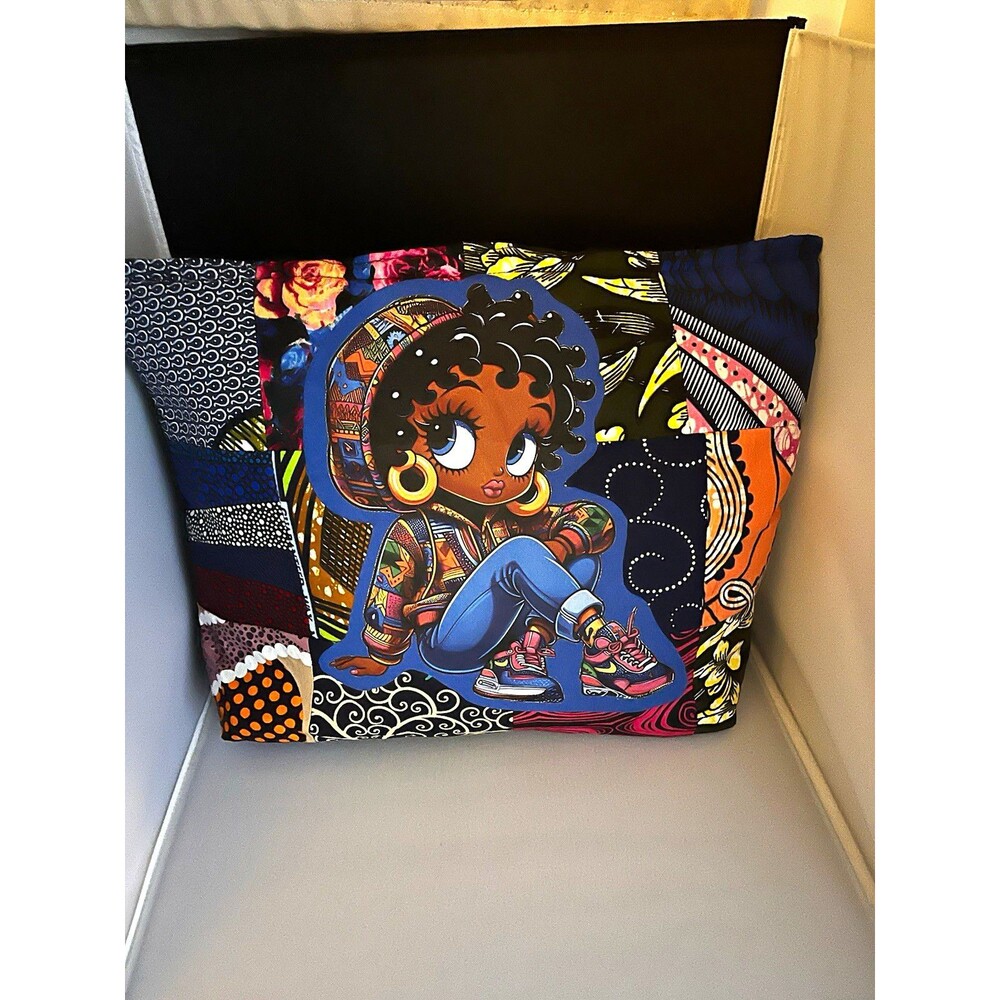 Handcrafted Patchwork Tote Bag Betty Boop Style Print Multicolor 18x13